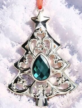 Lenox Gemmed Bejeweled Tree Ornament Emerald Green Crystal Silverplate Gift